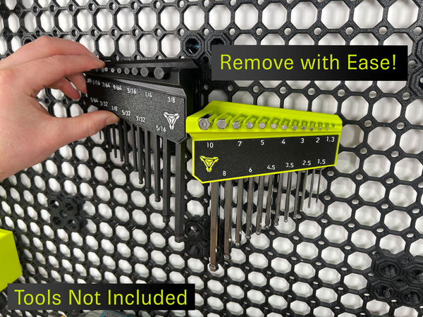 Image of FLX Factorys Magnetic Hex Wrench / Allen Key Tool Holder shown with Wall Mount and Multiboard Mount configurations. Shown in Ryobi Green and Black colors. Image displays the entire wrench set for both Metric and SAE sizes. Metric ranging from 1.3 up to 10 and SAE ranging from .05 up to 3/8. Also displaying its easy to remove capabilities so you can take your Hex Wrench set with you to your workspace. Magnetic holder ensures tools stay put even when upside down