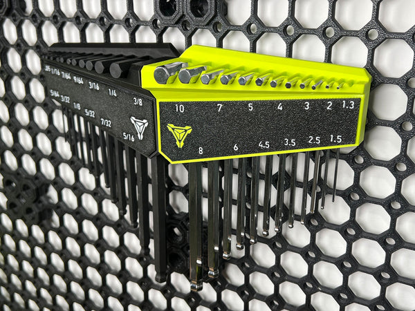 Image of FLX Factorys Magnetic Hex Wrench or Allen Key Tool Holder shown with Wall Mount and Multiboard Mount configurations. Shown in Ryobi Green and Black colors. Image displays the entire wrench set for both Metric and SAE sizes. Metric ranging from 1.3 up to 10 and SAE ranging from .05 up to 3/8. Also displaying its easy to remove capabilities so you can take your Hex Wrench set with you to your workspace. Magnetic holder ensures tools stay put even when upside down